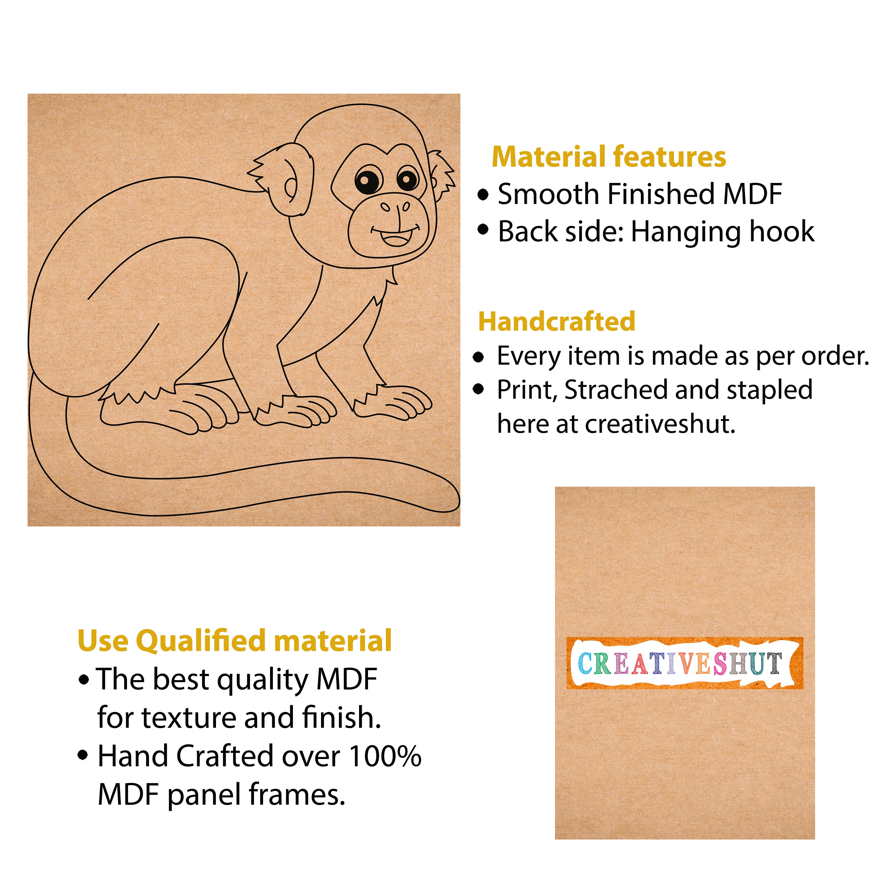Canvas and MDF Monkey Pre-Marked Framed Base for Painting