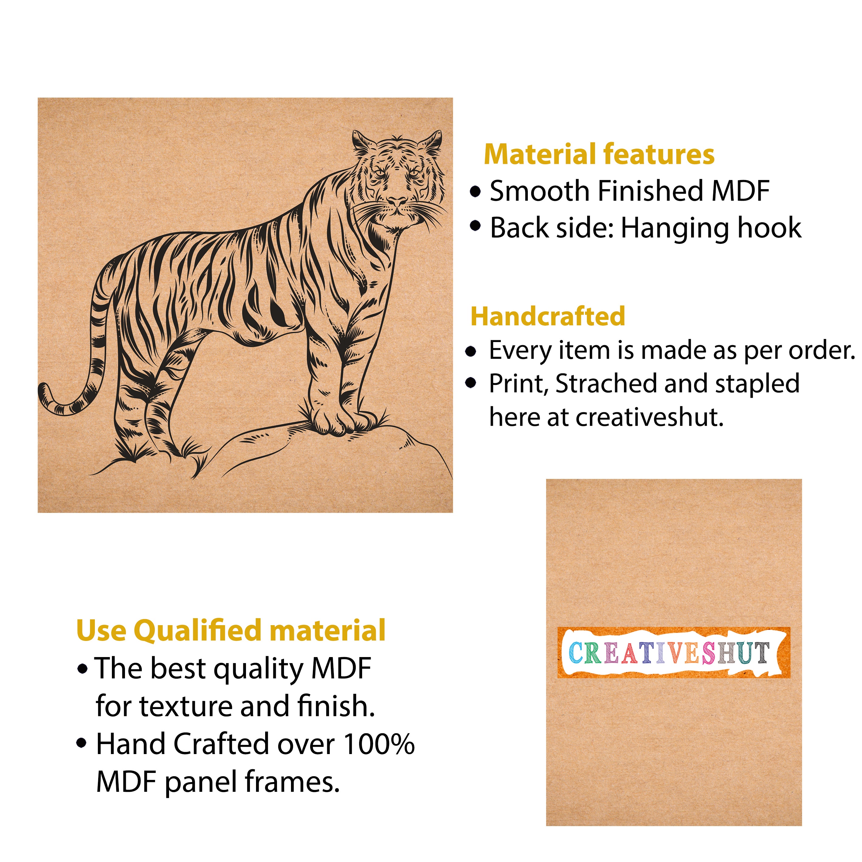 Canvas and MDF Tiger Pre-Marked Framed Base for Painting