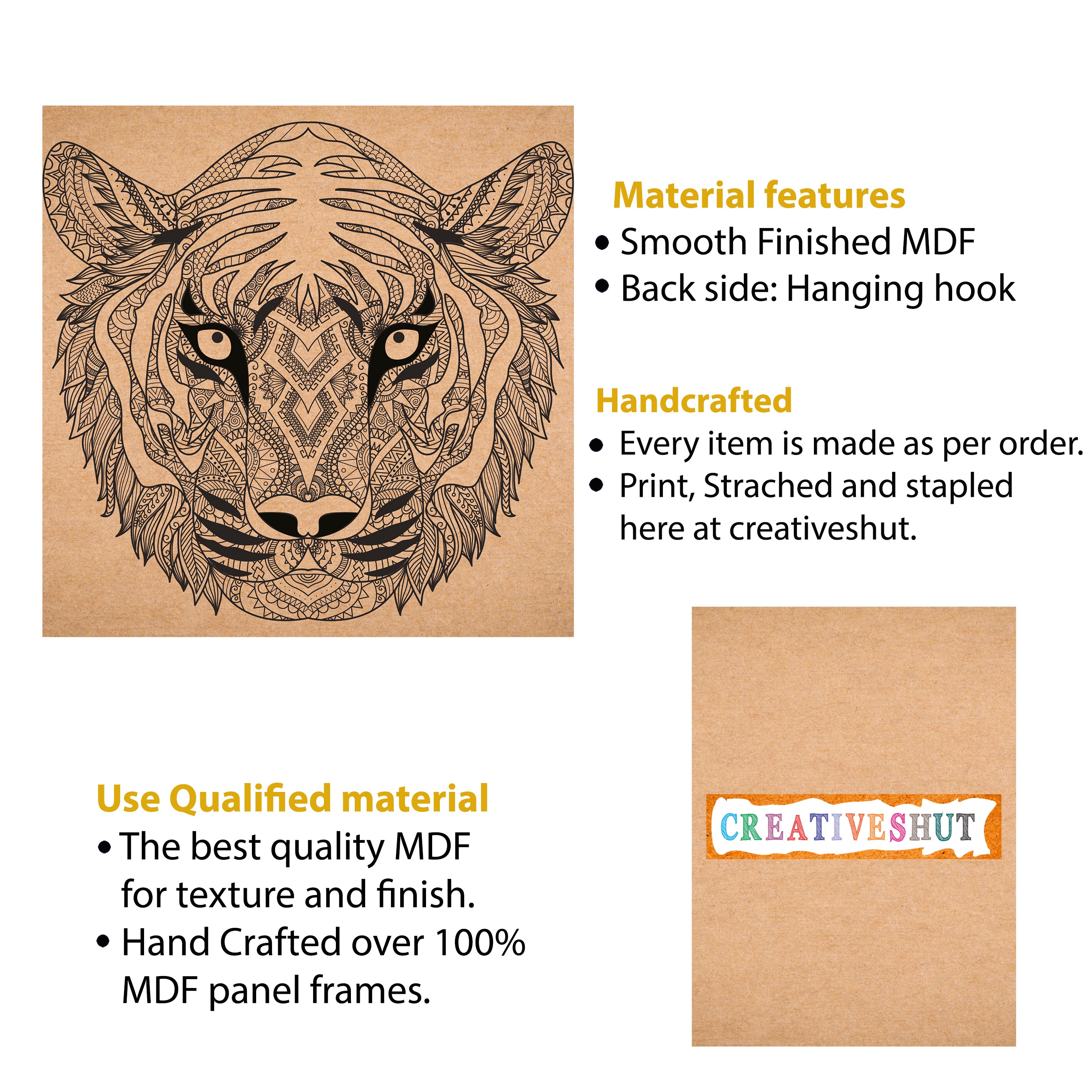 Canvas and MDF Tiger Pre-Marked Framed Base for Painting